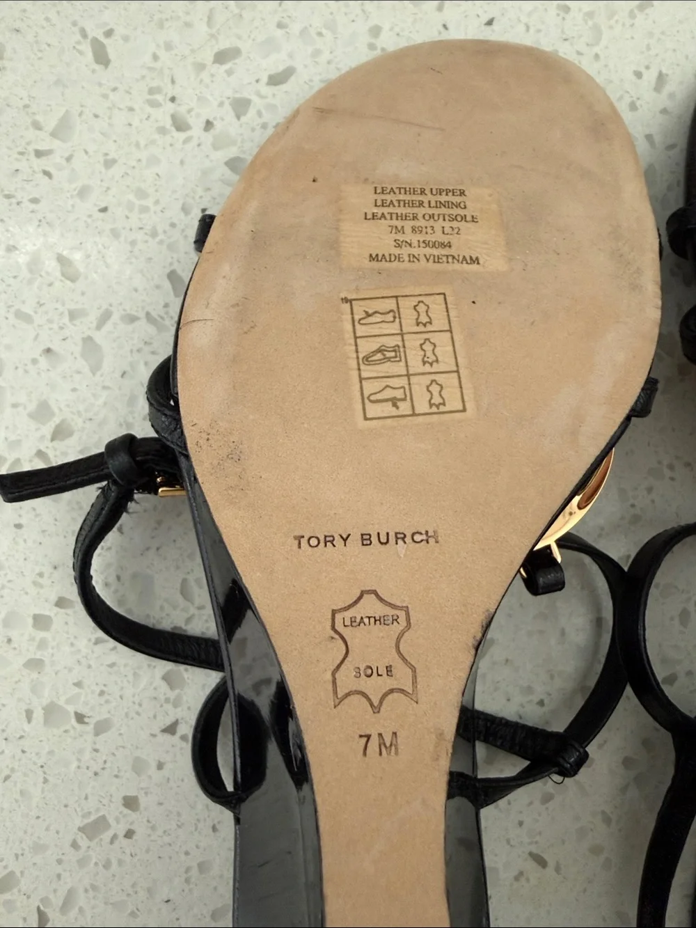 Tory Burch Capri Miller Strappy Wedge Sandals Perfect Black Gold Medallion